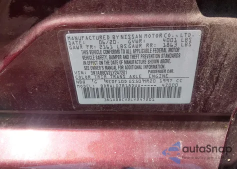 2020 Nissan Sentra Sv from USA, damaged, VIN 3N1AB8CV2LY247201